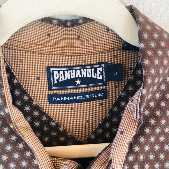 Panhandle Mens Slim Brown Print Button Down Shirt Large - Picture 5 of 9